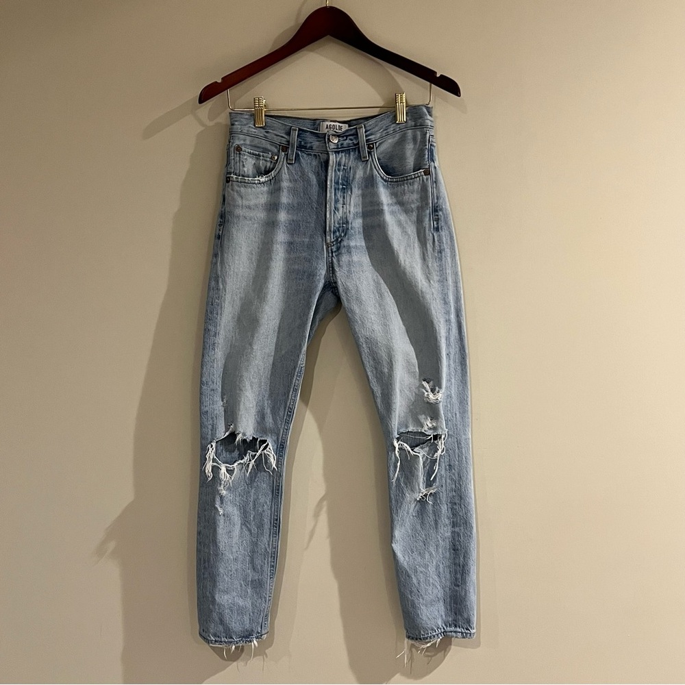 AGOLDE Sz 26 Distressed High Rise Straight Leg Jeans Light Wash Ripped Denim